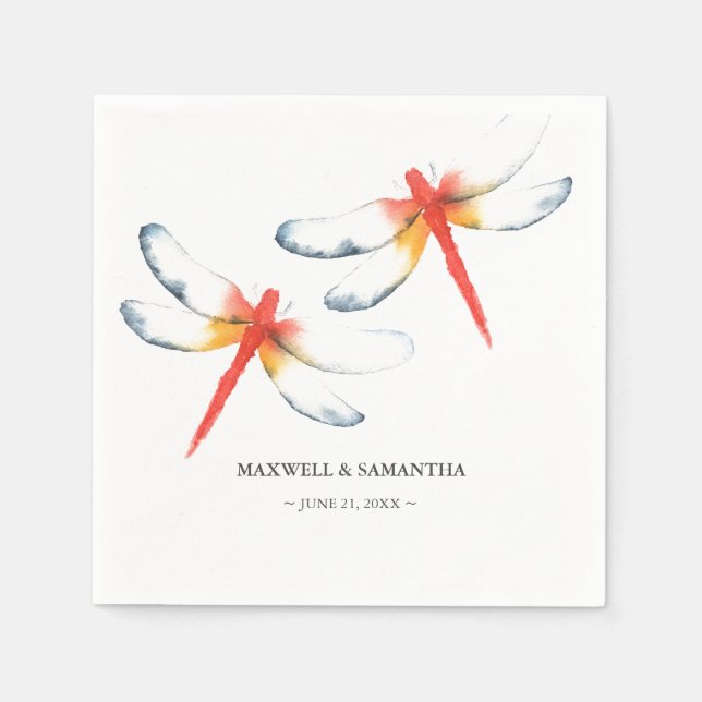 Personalised Wedding Napkins Red Dragonfly (Front)