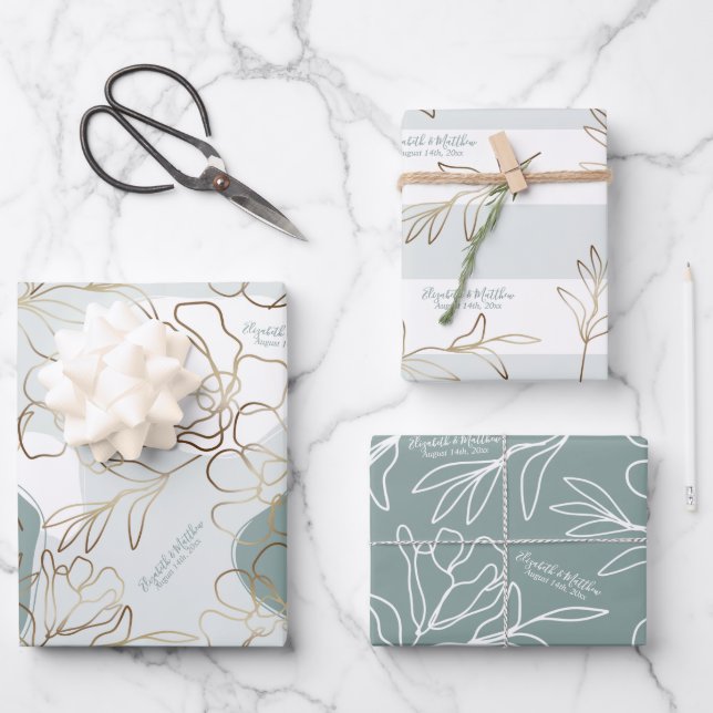 Personalised Wedding Natural Green Abstract Floral Wrapping Paper Sheet (Front)