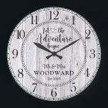 Personalised Wedding Newlyweds Adventure Begins Large Clock<br><div class="desc">A rustic modern white washed barn wood shiplap monogrammed wedding wall clock with date established,  and the phrase: "let the adventure begin".</div>