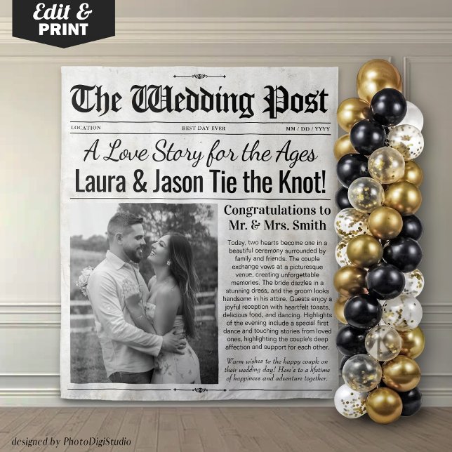 Personalised Wedding Newspaper Backdrop with Photo Tapestry (Personalized Wedding Newspaper Backdrop with Photo)