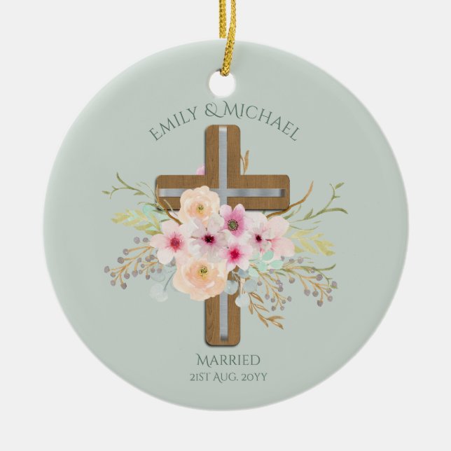 Personalised Wedding or Anniversary Floral Cross Ceramic Tree Decoration (Front)