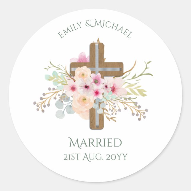 Personalised Wedding or Anniversary Floral Cross Classic Round Sticker (Front)