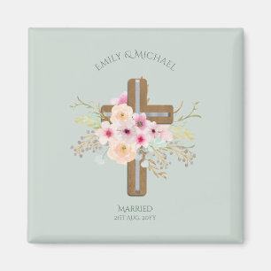 Personalised Wedding or Anniversary Floral Cross Magnet