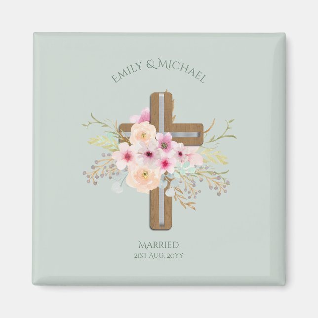 Personalised Wedding or Anniversary Floral Cross Magnet (Front)