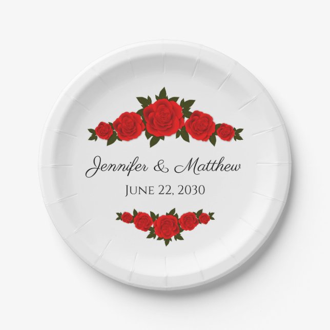 Personalised Wedding Paper Plates with Red Roses (Front)