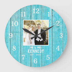 Personalised Wedding Photo Anniversary Blue Wood Large Clock