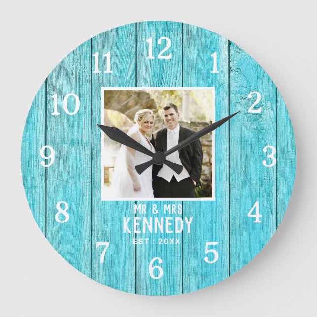 Personalised Wedding Photo Anniversary Blue Wood Large Clock (Front)