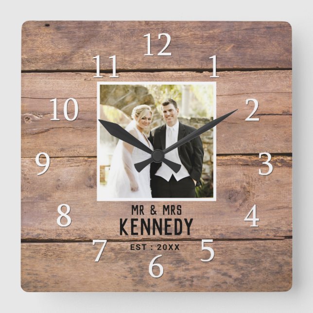 Personalised Wedding Photo Anniversary Rustic Wood Square Wall Clock (Front)
