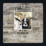 Personalised Wedding Photo Anniversary Rustic Wood Square Wall Clock<br><div class="desc">Unique anniversary clock to personalise with couple photo,  name and established year. The rustic wedding clock with a barn wood effect  makes a great gift for weddings, anniversaries,  and new home housewarming.</div>