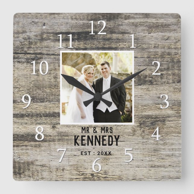 Personalised Wedding Photo Anniversary Rustic Wood Square Wall Clock (Front)