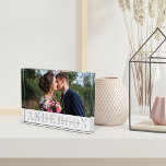Personalised Wedding Photo Block<br><div class="desc">Elegant wedding photo block features your favourite horizontal or landscape orientated wedding photo. Your surname or family name appears beneath in chic grey with your names and wedding date overlaid on a transparent white stripe.</div>