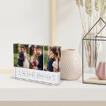 Personalised Wedding Photo Collage Block<br><div class="desc">Elegant wedding photo collage block features three favourite wedding photos aligned side by side. Your surname or family name appears beneath in chic grey with your names and wedding date overlaid on a transparent white stripe.</div>