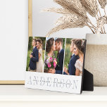 Personalised Wedding Photo Collage Plaque<br><div class="desc">Elegant wedding photo collage plaque features three vertical or portrait orientated photos aligned side by side. Your surname or family name appears beneath in chic grey with your names and wedding date overlaid on a transparent white band.</div>