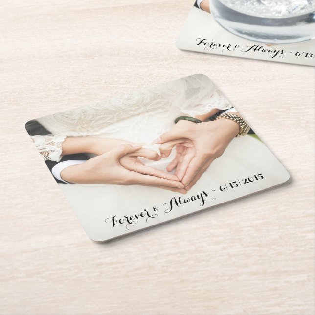 Personalised Wedding Photo Forever & Always Square Paper Coaster (Angled)