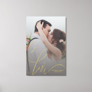 Personalised Wedding Photo Gold Love Calligraphy Canvas Print