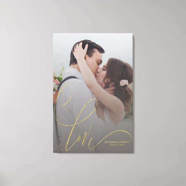 Personalised Wedding Photo Gold Love Calligraphy Canvas Print (Front)