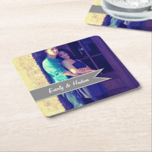 Personalised Wedding Photo Grey Modern Tag Square Paper Coaster