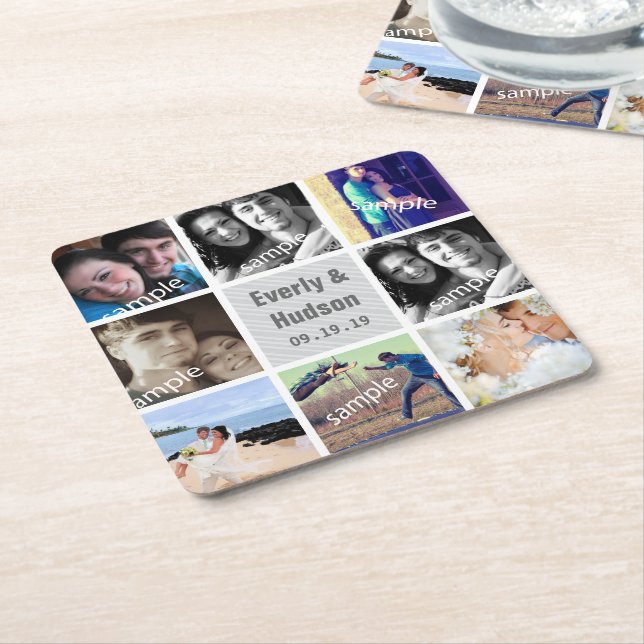 Personalised Wedding Photo Modern Collage Square Paper Coaster (Angled)