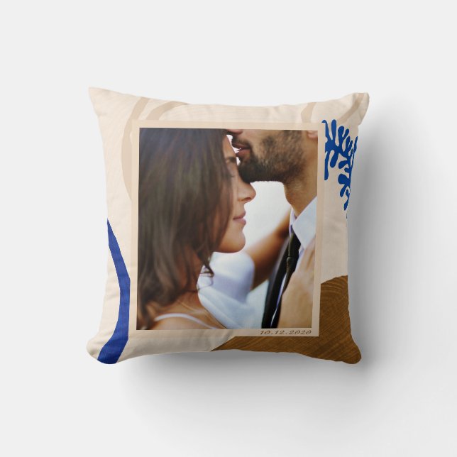 Personalised Wedding Photo Modern Earthy Blue Cushion (Front)