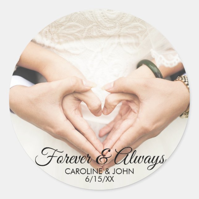 Personalised Wedding Photo Names Forever & Always Classic Round Sticker (Front)