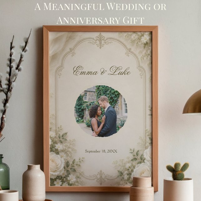 Personalised Wedding Photo Poster | Elegant Floral (Personalized wedding photo poster with elegant floral design for reception and home decor)