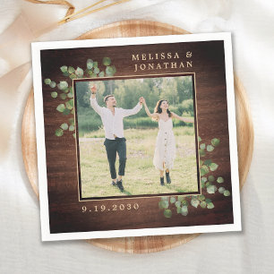 Personalised Wedding Photo Rustic Wood Greenery Napkin