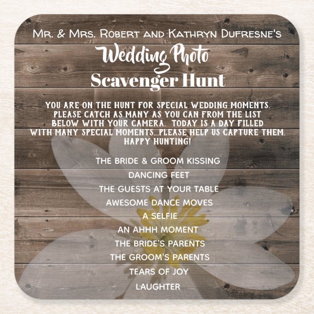 Personalised Wedding Photo Scavenger Hunt Square Paper Coaster (Front)