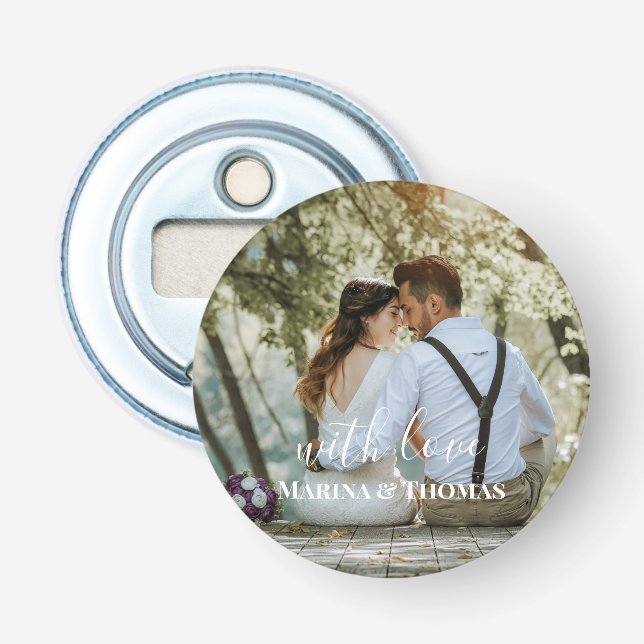 Personalised Wedding Photo With Modern Calligraphy Bottle Opener (Front)
