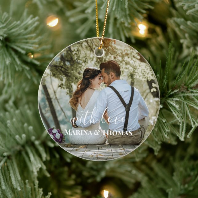 Personalised Wedding Photo With Modern Calligraphy Ceramic Tree Decoration (Tree)