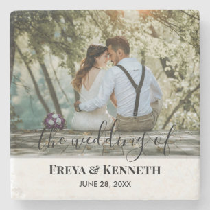 Personalised Wedding Photo With Modern Calligraphy Stone Coaster
