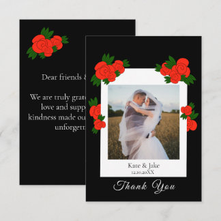 Personalised Wedding Photo with Red Roses Black Thank You Card