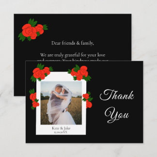 Personalised Wedding Photo with Red Roses Black Thank You Card