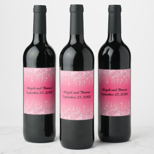 Personalised Wedding Pink Dripping Glitter Trendy Wine Label (Bottles)