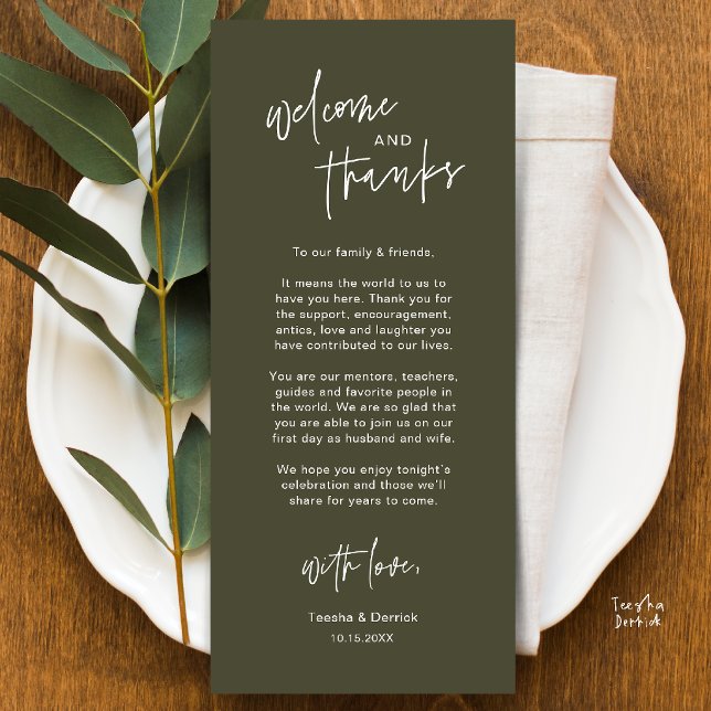 Personalised Wedding Place Setting Thank You Card (Personalised Wedding Dinner Place Setting Thank You Card in olive green)
