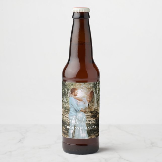 Personalised Wedding Portrait Modern Calligraphy Beer Bottle Label (Front)