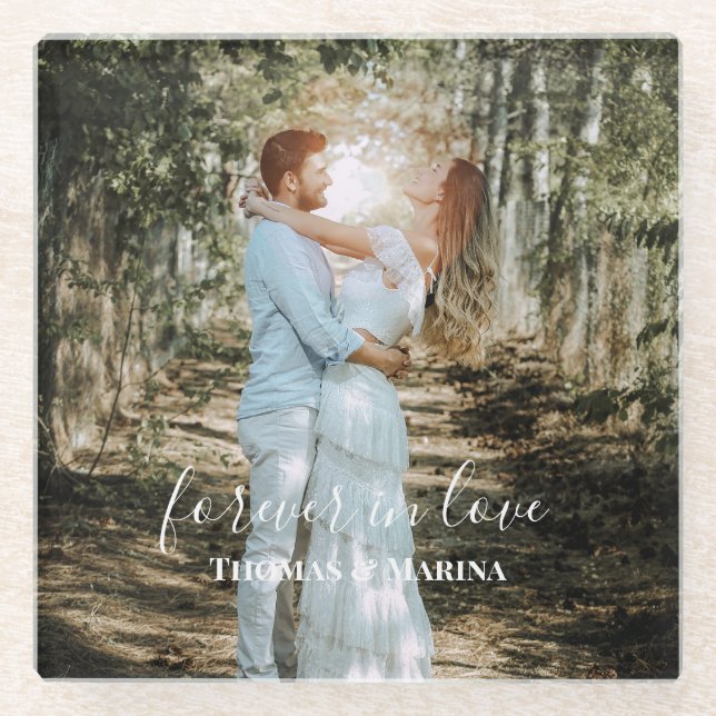 Personalised Wedding Portrait Modern Calligraphy Glass Coaster (Front)