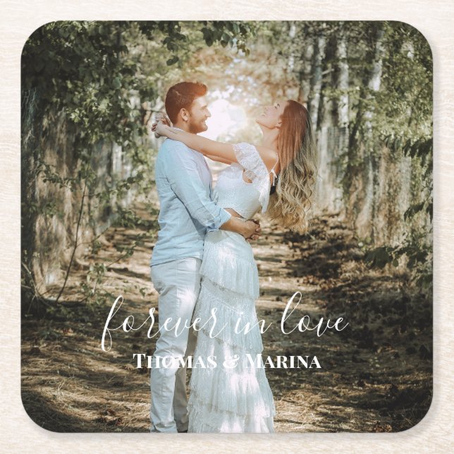 Personalised Wedding Portrait Modern Calligraphy Square Paper Coaster (Front)