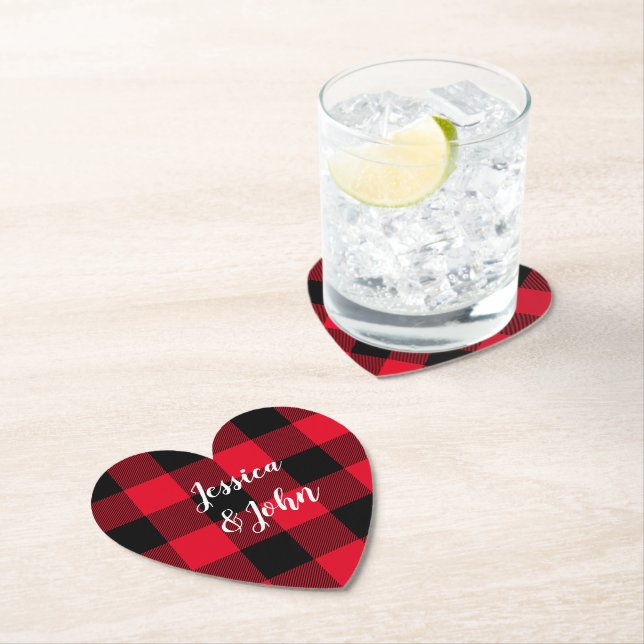 Personalised Wedding Red and Black Buffalo Plaid Paper Coaster (Insitu)