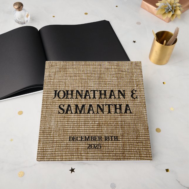 Personalised wedding rustic burlap nature pattern guest book (Front Open)