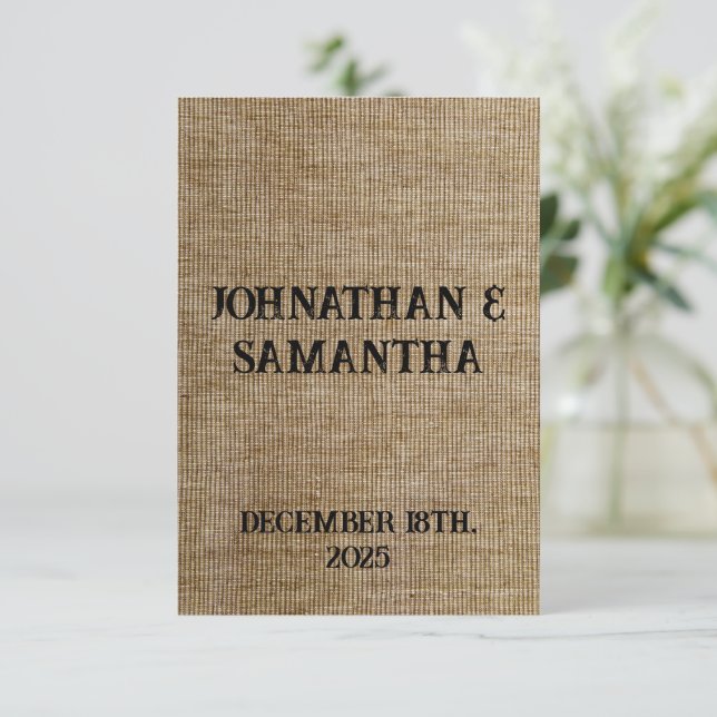 Personalised wedding rustic burlap nature pattern invitation (Standing Front)