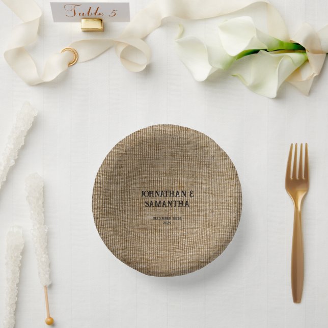 Personalised wedding rustic burlap nature pattern paper plate (Wedding)