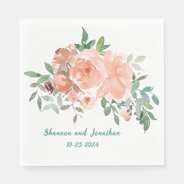 Personalised Wedding Shower Napkins Peach Roses (Front)