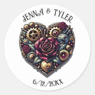 Personalised Wedding Steampunk Heart and Roses  Classic Round Sticker