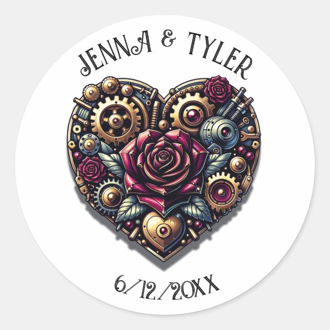 Personalised Wedding Steampunk Heart and Roses  Classic Round Sticker (Front)