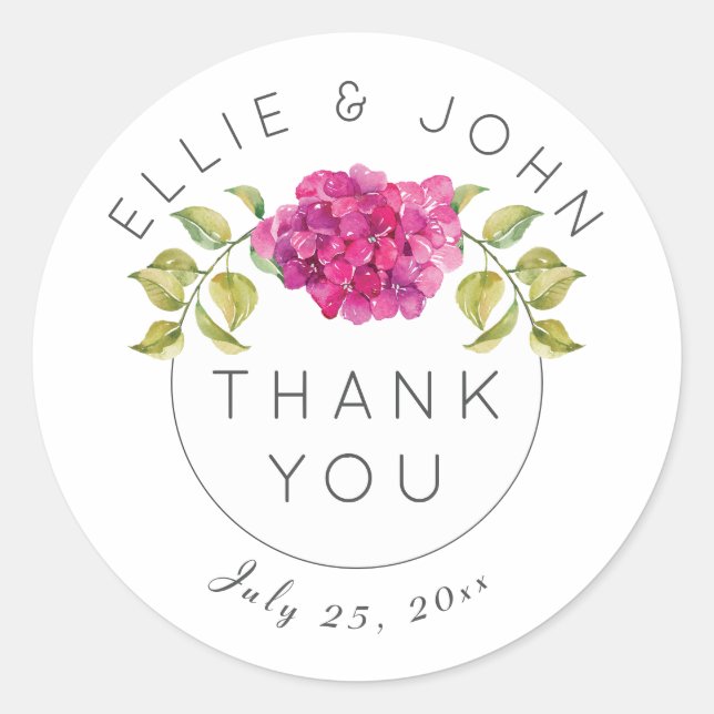 Personalised Wedding Thank You Hot Pink Hydrangea Classic Round Sticker (Front)