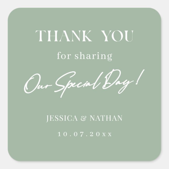 Personalised Wedding Thank You Sage Green  Square Sticker (Front)