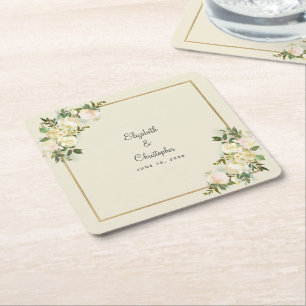 Personalised Wedding Watercolor Elegant Rose Square Paper Coaster
