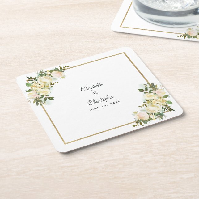 Personalised Wedding Watercolor Elegant Rose White Square Paper Coaster (Angled)