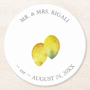 Personalised Wedding Watercolor Lemon  Round Paper Coaster