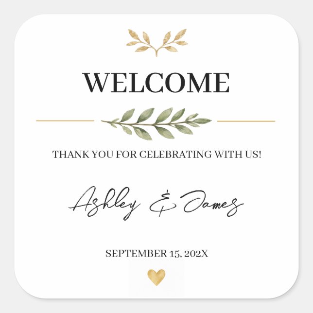 Personalised Wedding Welcome Stickers Greenery (Front)